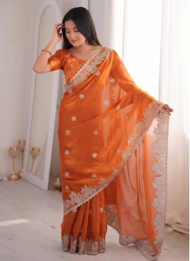 Crush Classic Saree with Embroidered Work for Ceremonial in Orange