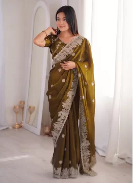 Embroidered Work Crush Classic Saree in Olive for Women