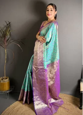 Woven Work Classic Saree For Ceremonial in Aqua Blue and Violet