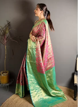 Woven Work Kanjivaram Silk Traditional Saree in Rose Pink and Sea Green for Women