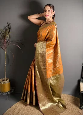 Orange Kanjivaram Silk Woven Work Traditional Saree for Women