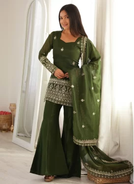 Embroidered Work Palazzo Suit For Festival in Green