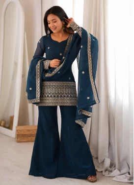 Crunchy Silk Embroidered Work Palazzo Suit in Teal