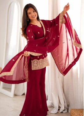 Crunchy Silk Palazzo Suit with Embroidered Work for Women in Red