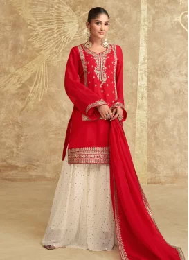 Chinon Palazzo Suit with Embroidered Work for Women in Off White and Red
