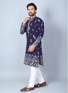 Chanderi Silk Kurta Pajama with Embroidered Work in Navy Blue and White