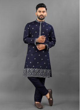 Silk Blend Kurta Pajama in Navy Blue with Embroidered Work for Festival
