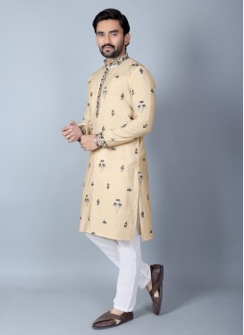 Chanderi Silk Kurta Pajama in Cream and White with Embroidered Work for Men