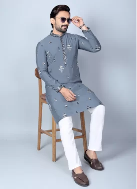 Chanderi Silk Kurta Pajama with Embroidered Work in Grey and White for Festival