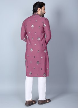 Embroidered Work Chanderi Silk Kurta Pajama in Mauve Pink and White for Men
