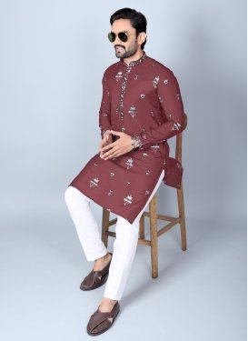 Rust and White Chanderi Silk Kurta Pajama with Embroidered Work for Festival