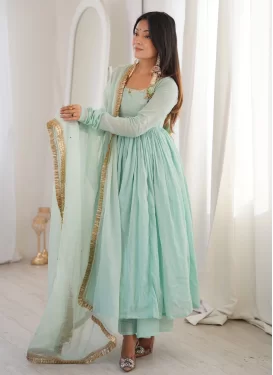 Turquoise Georgette Anarkali Suit with Lace Work for Ceremonial