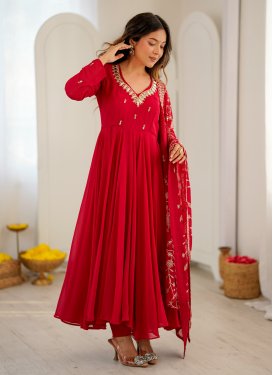 Georgette Embroidered Work Anarkali Suit in Red