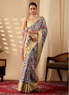 Cream Silk Georgette Digital Print Work Classic Saree for Women