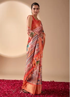 Digital Print Work Silk Georgette Traditional Saree in Peach and Salmon for Women