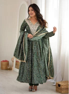 Rayon Anarkali Suit in Bottle Green with Embroidered Work for Women