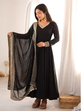 Embroidered Work Georgette Anarkali Suit in Black for Festival