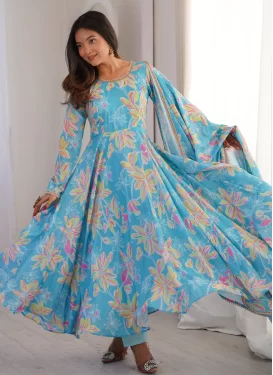 Rayon Anarkali Suit in Light Blue with Digital Print Work for Festival