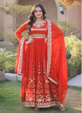 Embroidered Work Georgette Designer Gown in Orange for Women