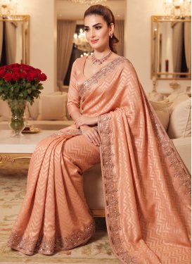 Embroidered Work Kanjivaram Silk Trendy Saree in Peach for Ceremonial