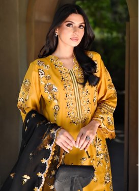 Silk Blend Readymade Salwar Suit with Embroidered Work for Festival in Mustard