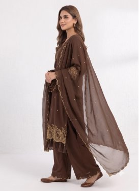 Rayon Readymade Salwar Suit with Embroidered Work for Women in Brown