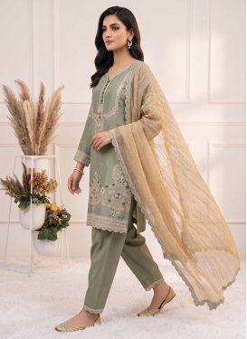 Sea Green Satin Silk Embroidered Work Readymade Salwar Suit for Women