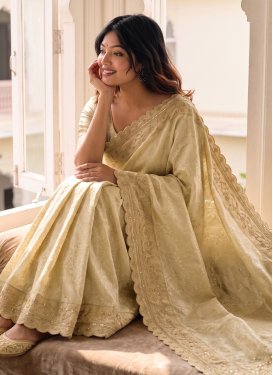 Kanjivaram Silk Classic Saree with Embroidered Work for Festival in Cream