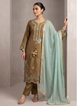 Silk Blend Readymade Salwar Suit with Embroidered Work for Ceremonial in Gold