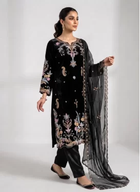 Embroidered Work Silk Blend Readymade Salwar Suit in Black for Women