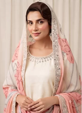 Crepe Silk Embroidered Work Readymade Salwar Suit in Cream and Salmon