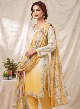 Cream and Yellow Crepe Silk Readymade Salwar Suit with Embroidered Work for Festival