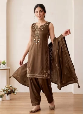 Silk Blend Readymade Salwar Suit with Embroidered Work in Brown for Festival