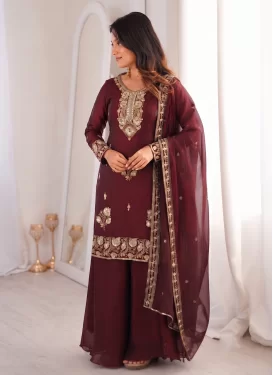 Fendi Silk Palazzo Suit with Embroidered Work in Maroon for Ceremonial