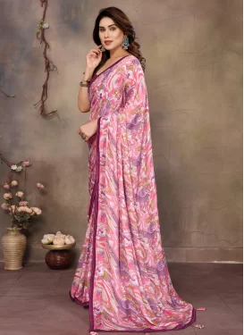 Satin Silk Classic Saree with Digital Print Work for Women in Pink and Purple