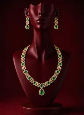 Gold Rodium Polish Alloy Green and White Necklace Set