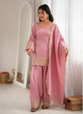 Silk Blend Punjabi Salwar Suit with Embroidered Work in Pink