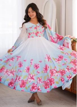 Organza Anarkali Suit in Light Blue with Digital Print Work for Festival