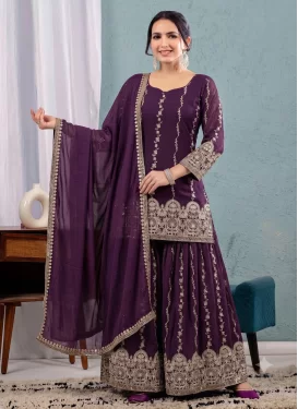Purple Crunchy Silk Palazzo Suit with Embroidered Work for Festival