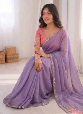 Embroidered Work Rangoli Silk Classic Saree in Lavender for Women