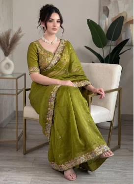 Fendi Silk Classic Saree with Embroidered Work in Olive