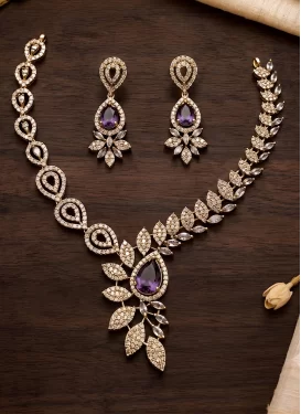 Stone Work Purple and White Necklace Set for Festival