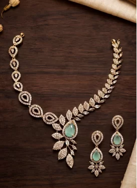 Stone Work Aqua Blue and White Gold Rodium Polish Necklace Set