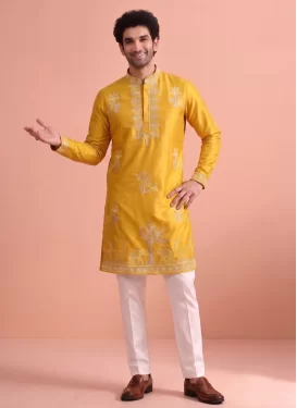 Satin Silk Kurta Pajama in Mustard and White with Embroidered Work for Men