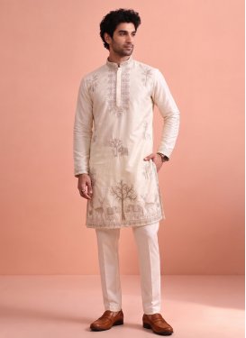 Satin Silk Kurta Pajama in Off White with Embroidered Work for Festival