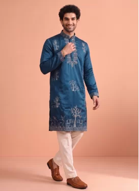 Satin Silk Kurta Pajama with Embroidered Work in Teal and White