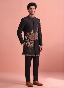 Satin Silk Indo Western with Resham Work for Men in Black