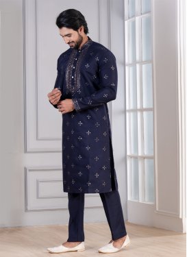 Cotton Silk Kurta Pajama with Embroidered Work in Navy Blue for Festival