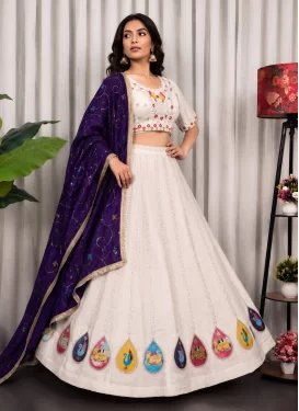 Embroidered Work Vichitra Silk Readymade Lehenga Choli in Off White for Festival