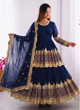 Navy Blue Georgette Embroidered Work Readymade Salwar Suit for Women